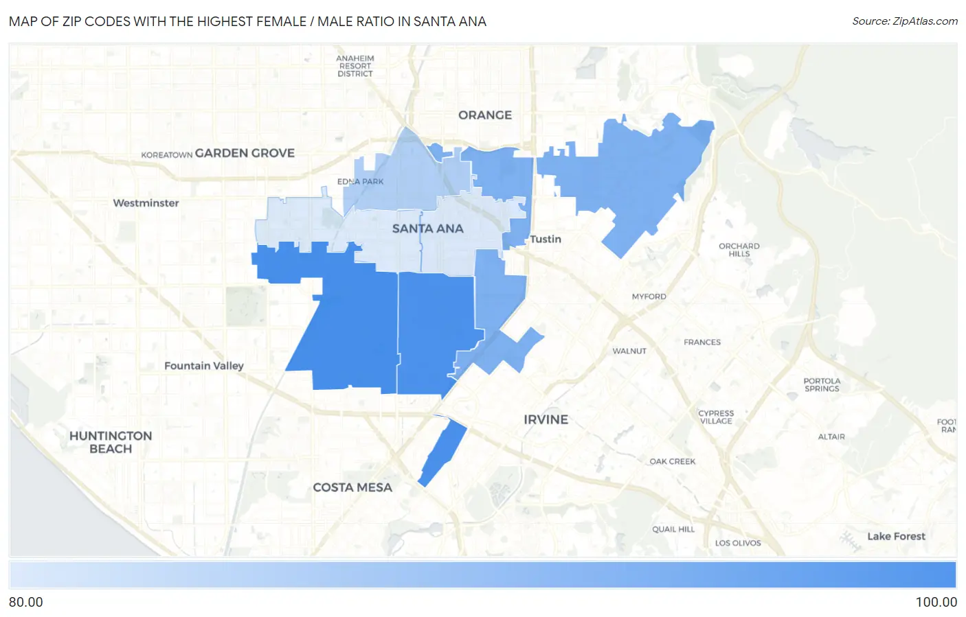 Zip Codes with the Highest Female / Male Ratio in Santa Ana Map