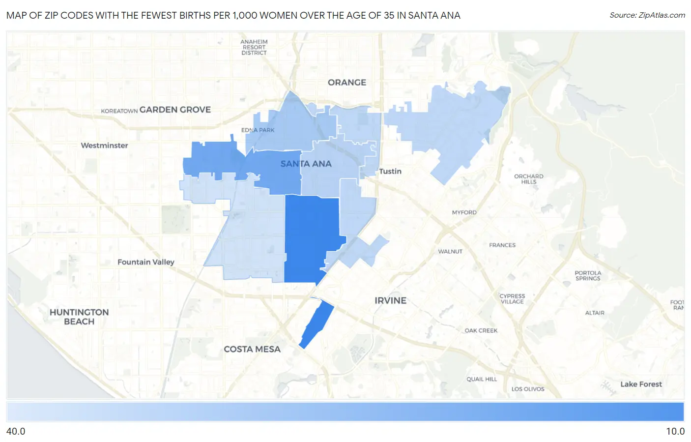 Zip Codes with the Fewest Births per 1,000 Women Over the Age of 35 in Santa Ana Map