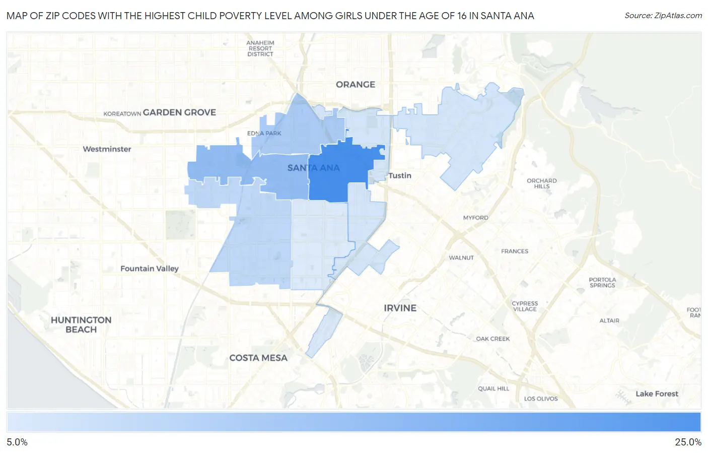 Zip Codes with the Highest Child Poverty Level Among Girls Under the Age of 16 in Santa Ana Map