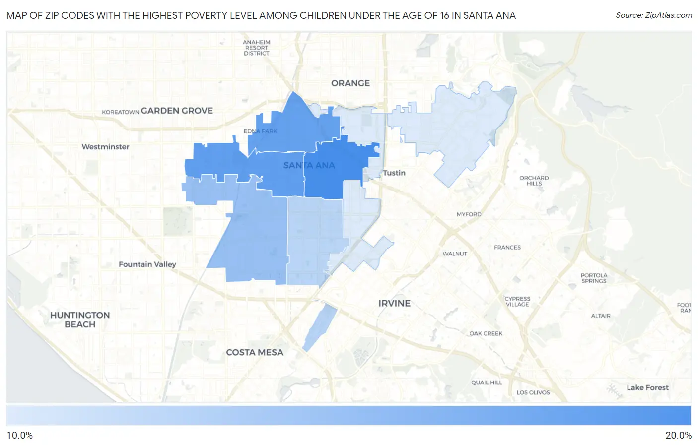 Zip Codes with the Highest Poverty Level Among Children Under the Age of 16 in Santa Ana Map