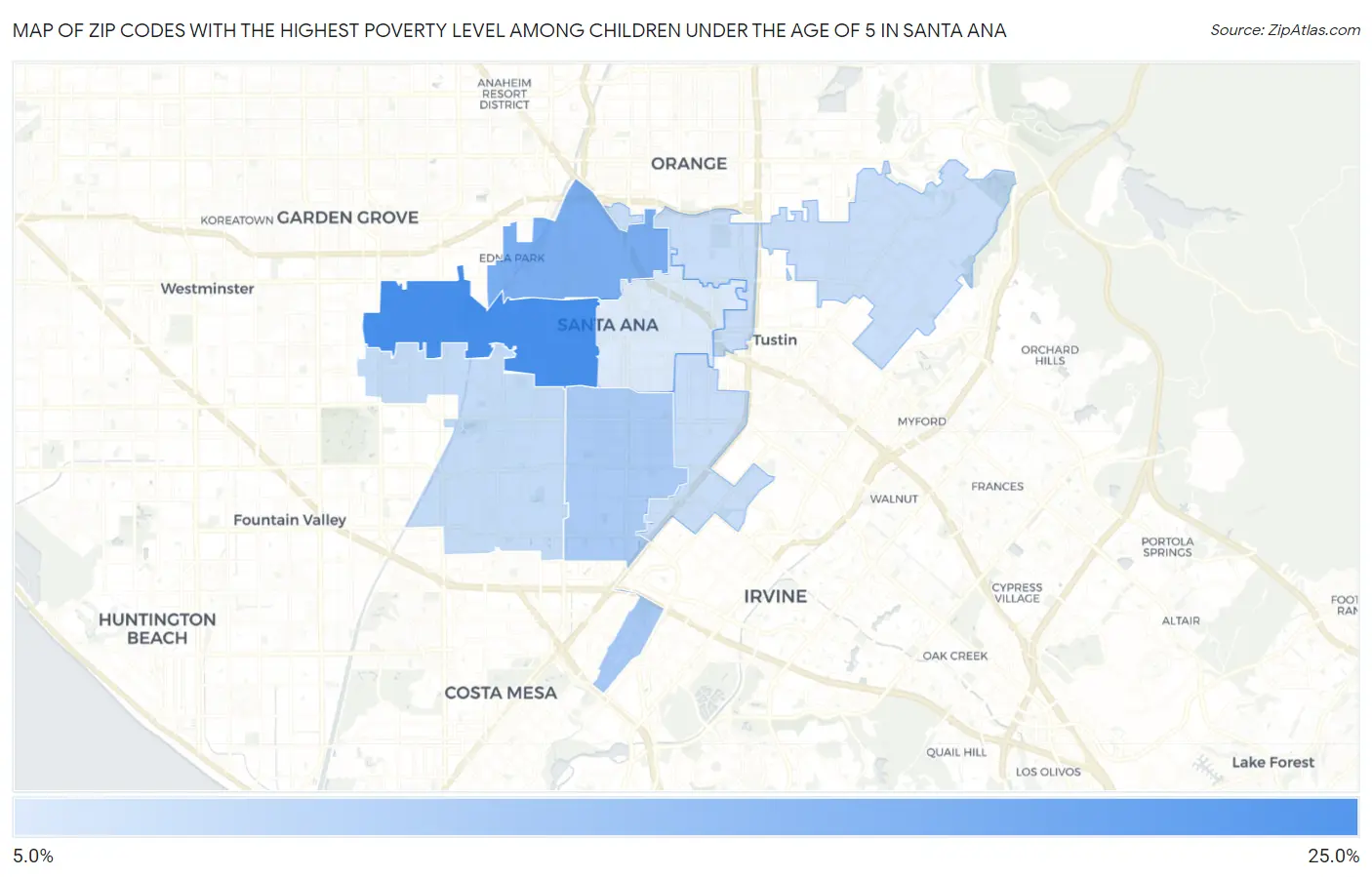 Zip Codes with the Highest Poverty Level Among Children Under the Age of 5 in Santa Ana Map