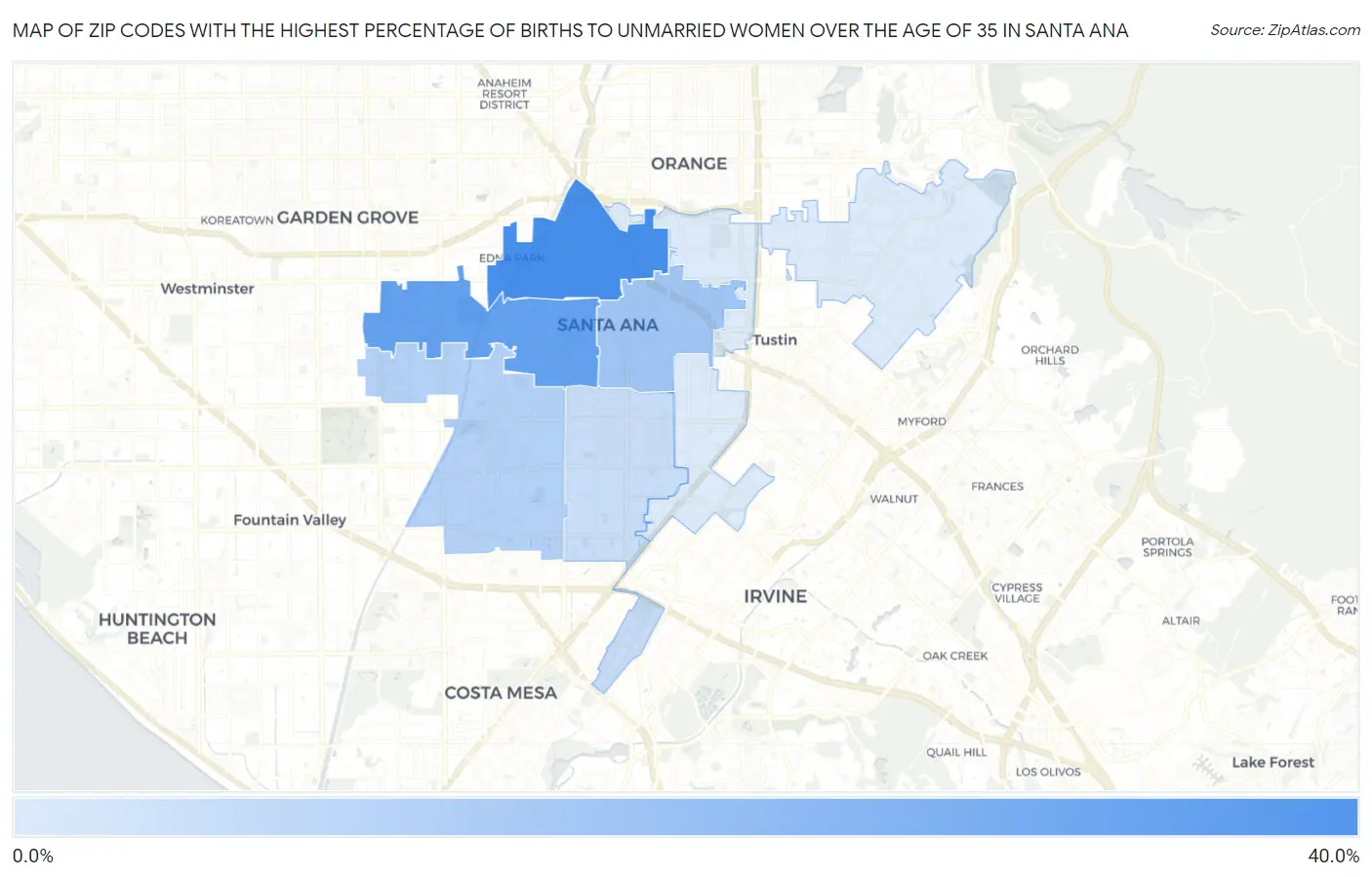 Zip Codes with the Highest Percentage of Births to Unmarried Women over the Age of 35 in Santa Ana Map