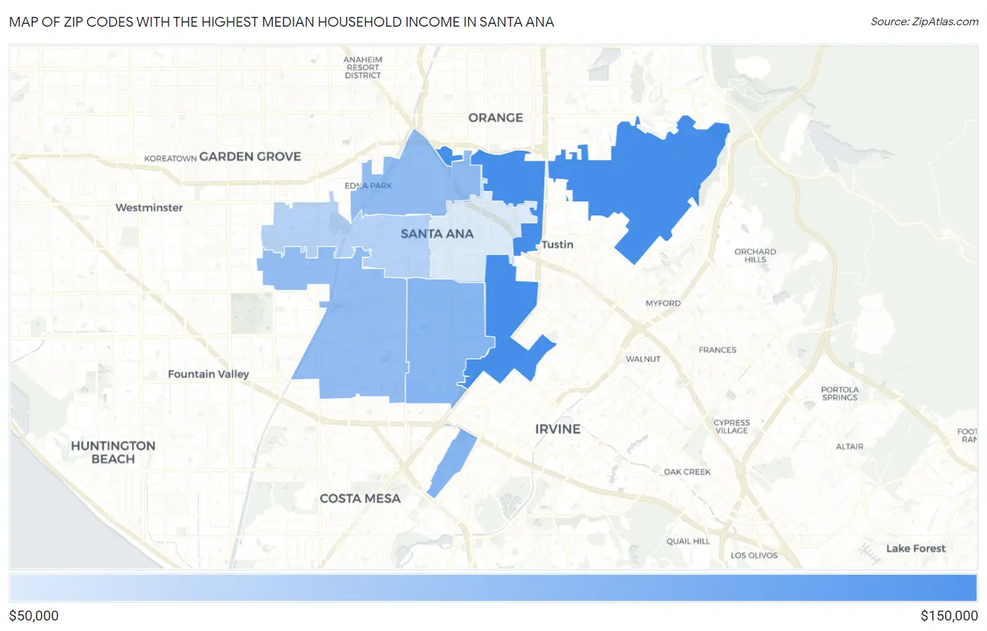 Zip Codes with the Highest Median Household Income in Santa Ana Map