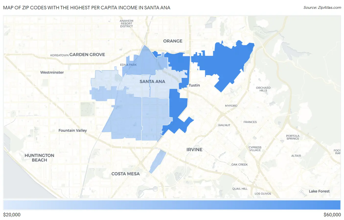 Zip Codes with the Highest Per Capita Income in Santa Ana Map