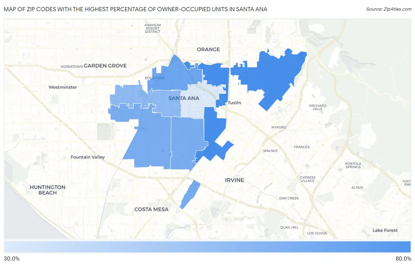 Zip Codes with the Highest Percentage of Owner-Occupied Units in Santa Ana Map