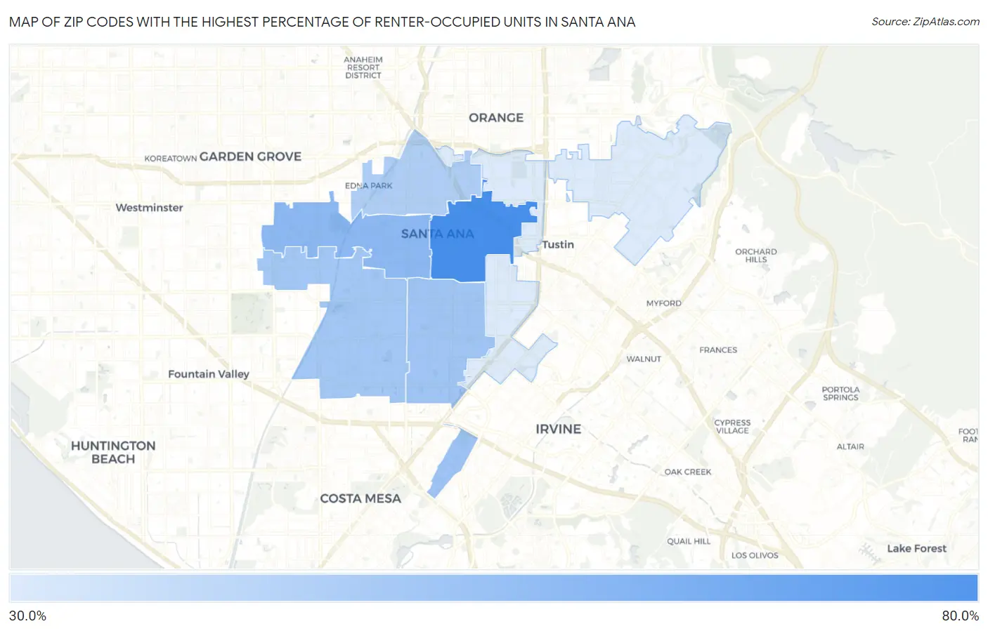Zip Codes with the Highest Percentage of Renter-Occupied Units in Santa Ana Map