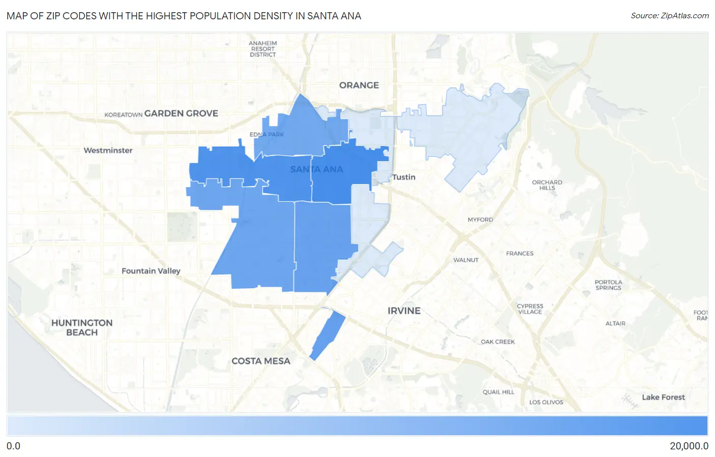 Zip Codes with the Highest Population Density in Santa Ana Map
