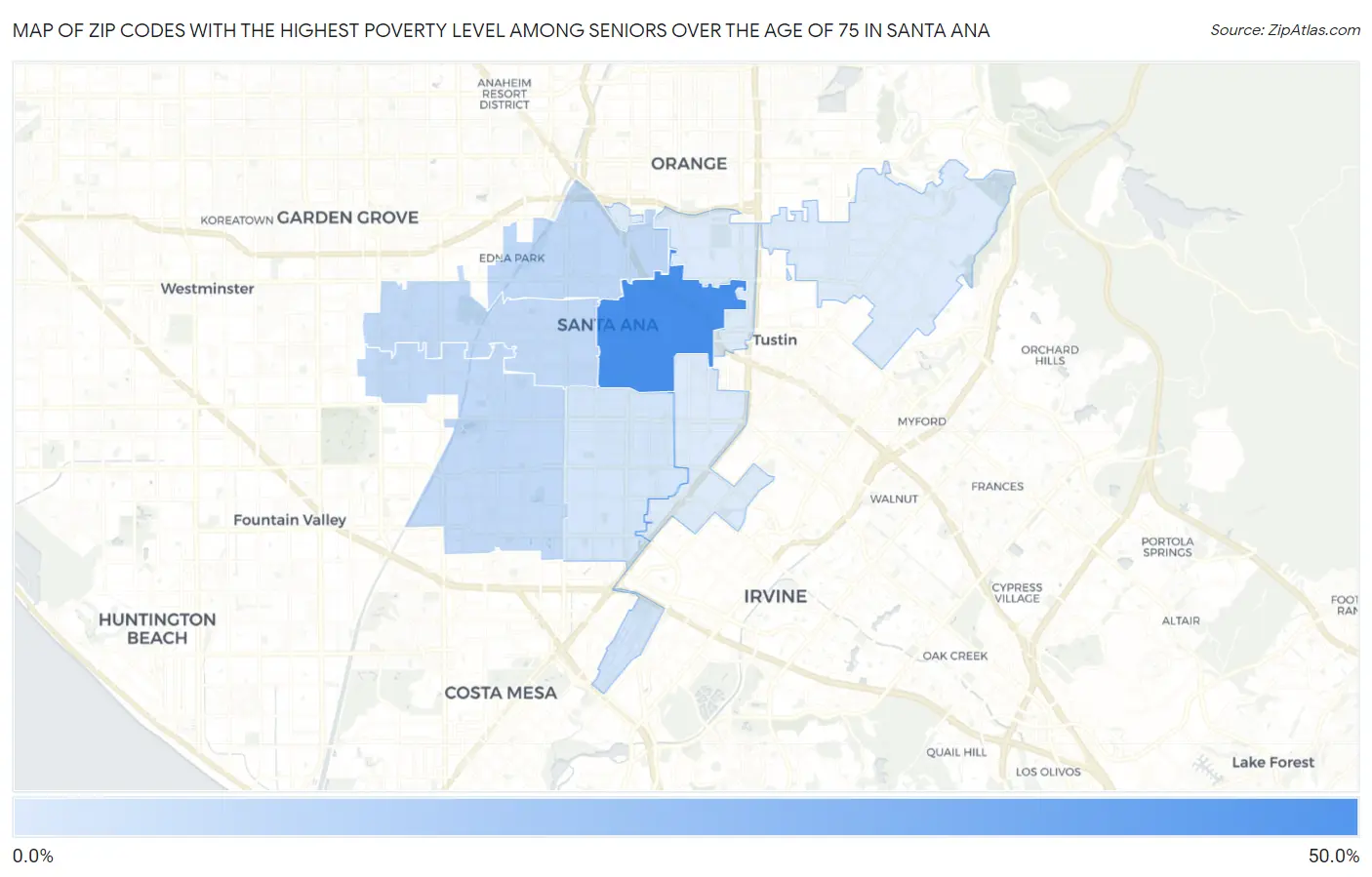 Zip Codes with the Highest Poverty Level Among Seniors Over the Age of 75 in Santa Ana Map