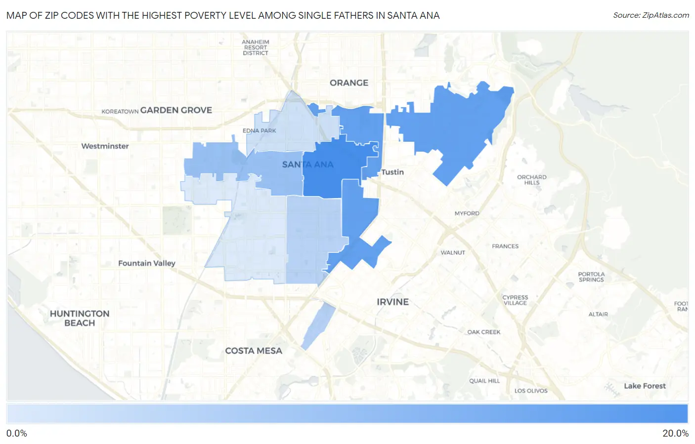 Zip Codes with the Highest Poverty Level Among Single Fathers in Santa Ana Map