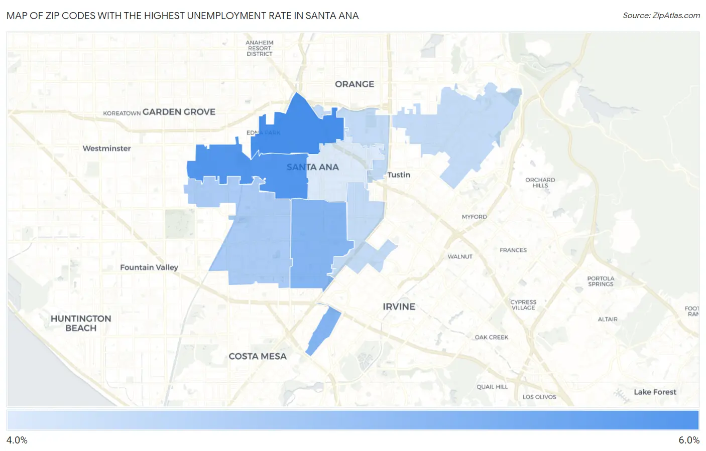 Zip Codes with the Highest Unemployment Rate in Santa Ana Map