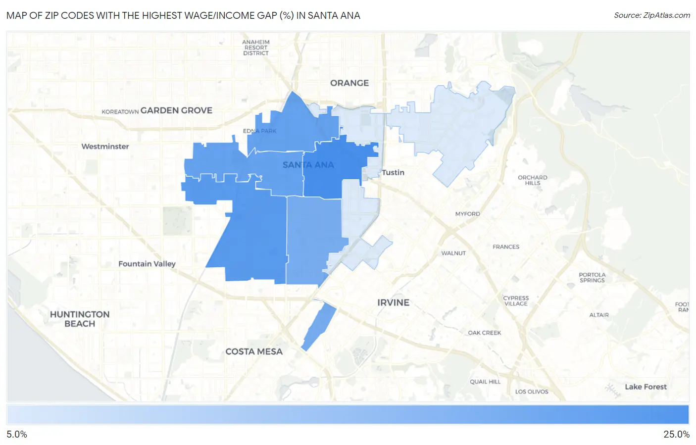 Zip Codes with the Highest Wage/Income Gap (%) in Santa Ana Map
