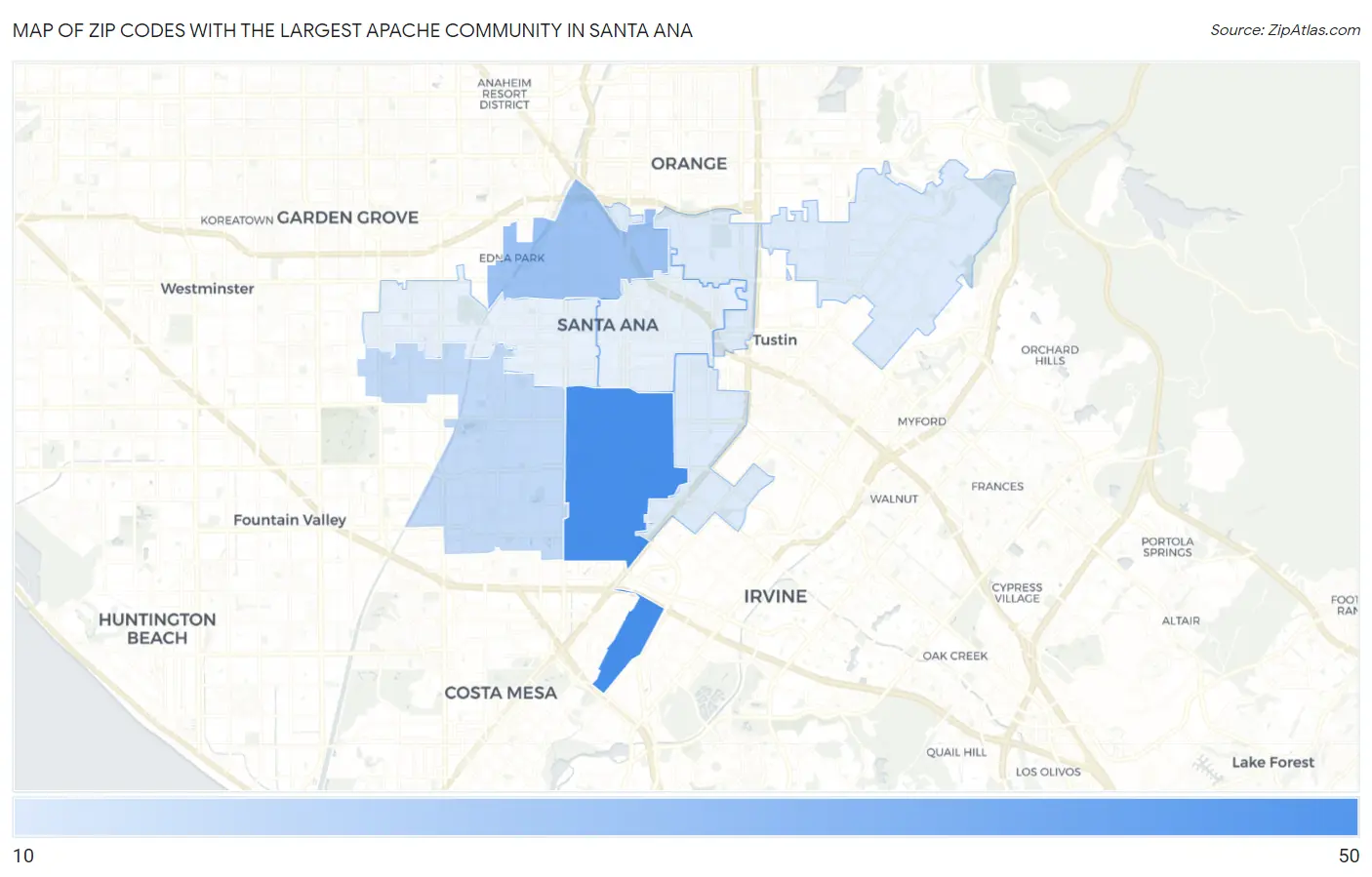 Zip Codes with the Largest Apache Community in Santa Ana Map