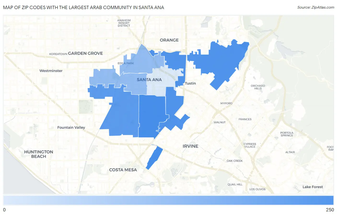 Zip Codes with the Largest Arab Community in Santa Ana Map