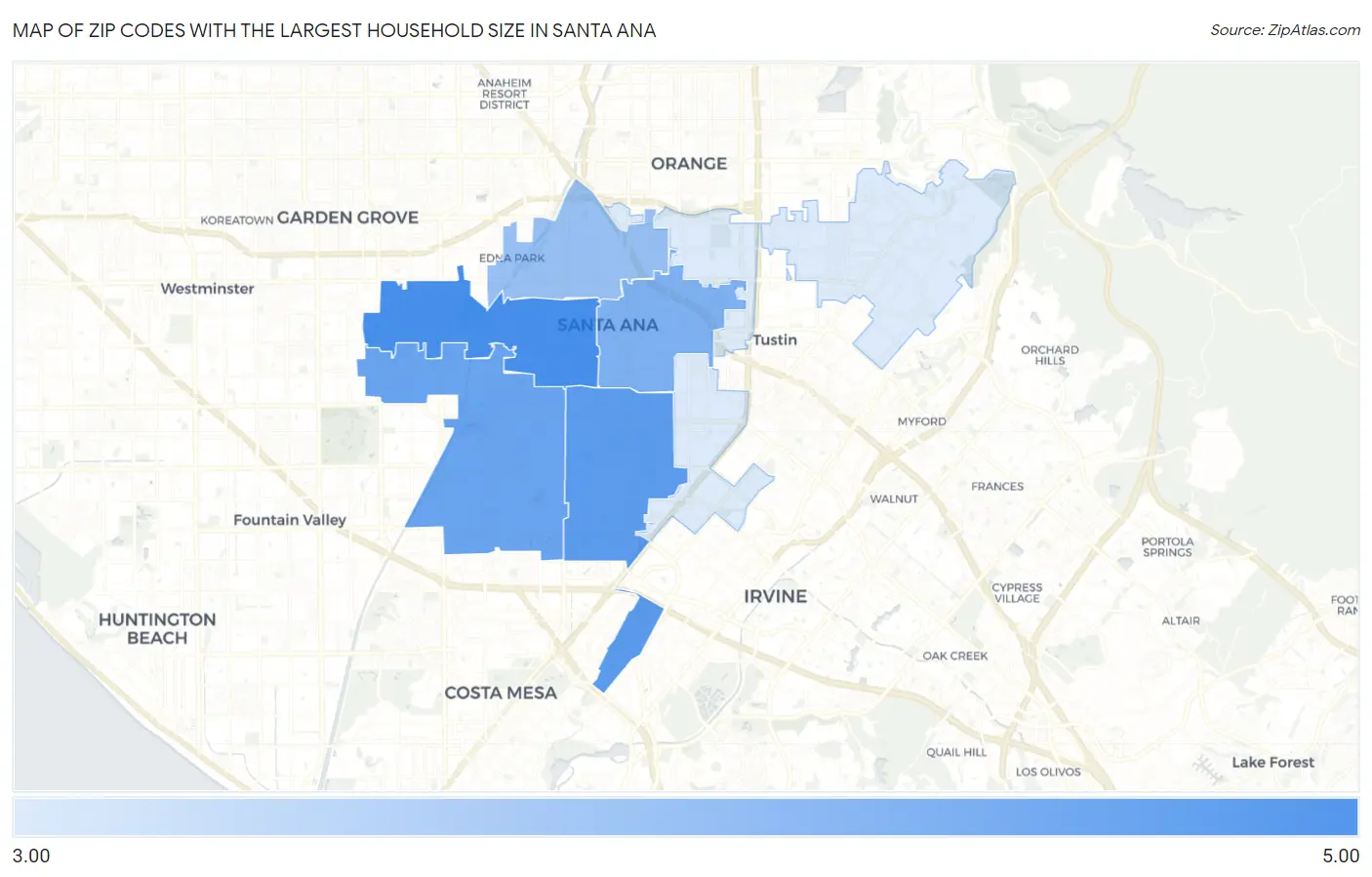 Zip Codes with the Largest Household Size in Santa Ana Map