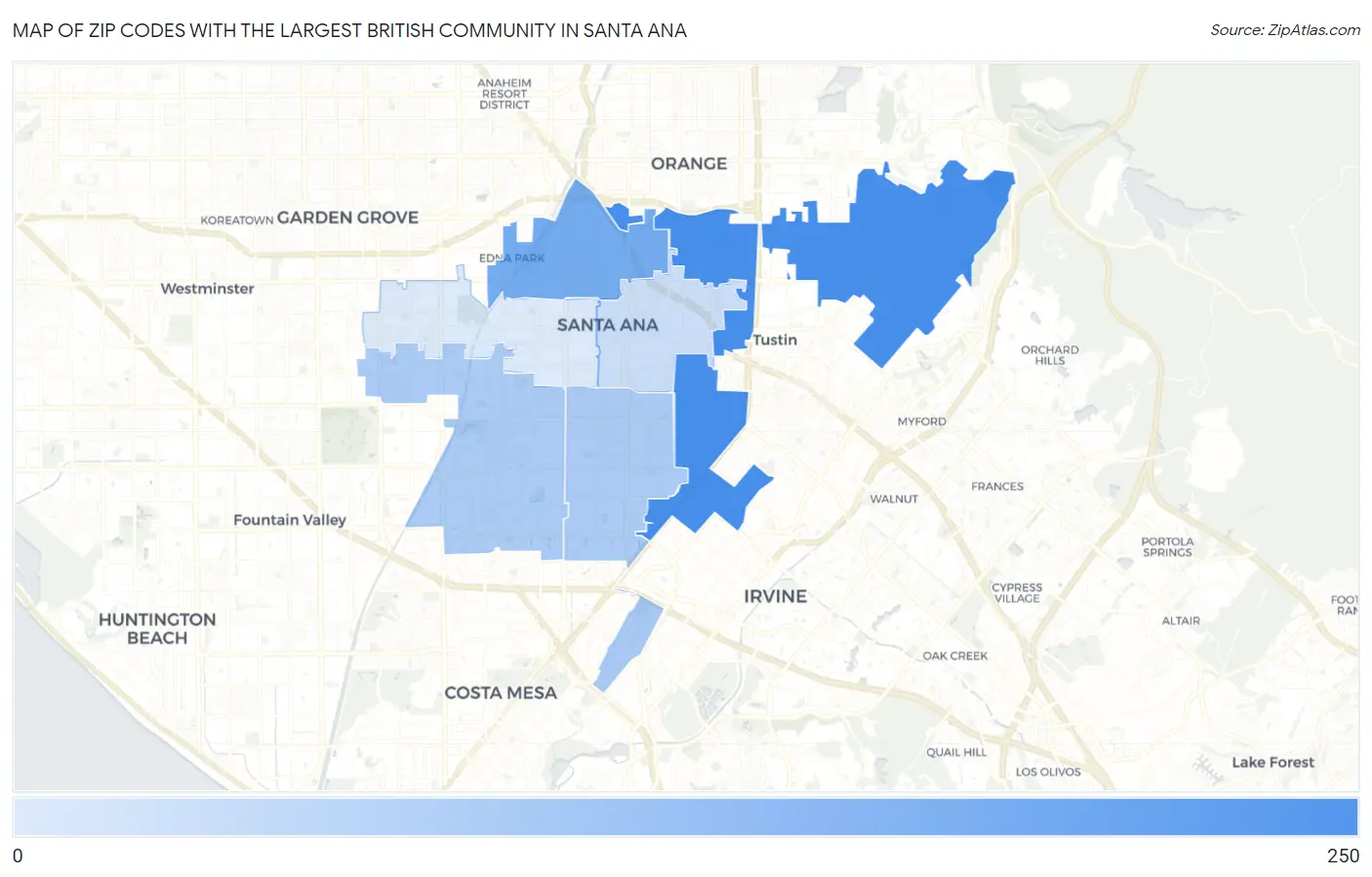 Zip Codes with the Largest British Community in Santa Ana Map