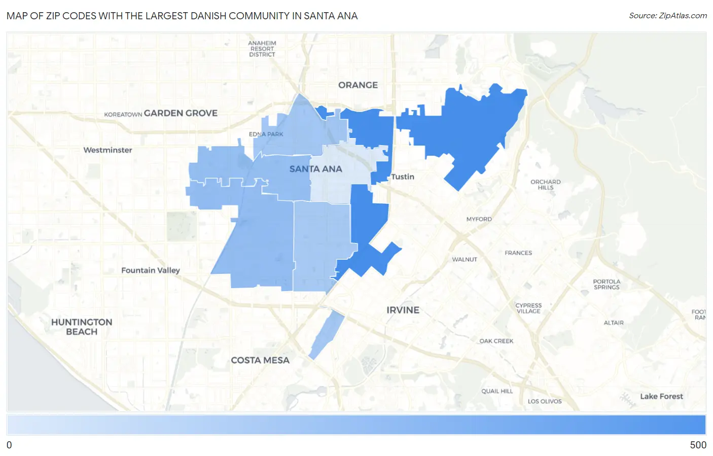 Zip Codes with the Largest Danish Community in Santa Ana Map