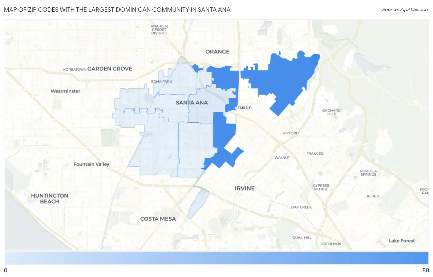 Zip Codes with the Largest Dominican Community in Santa Ana Map