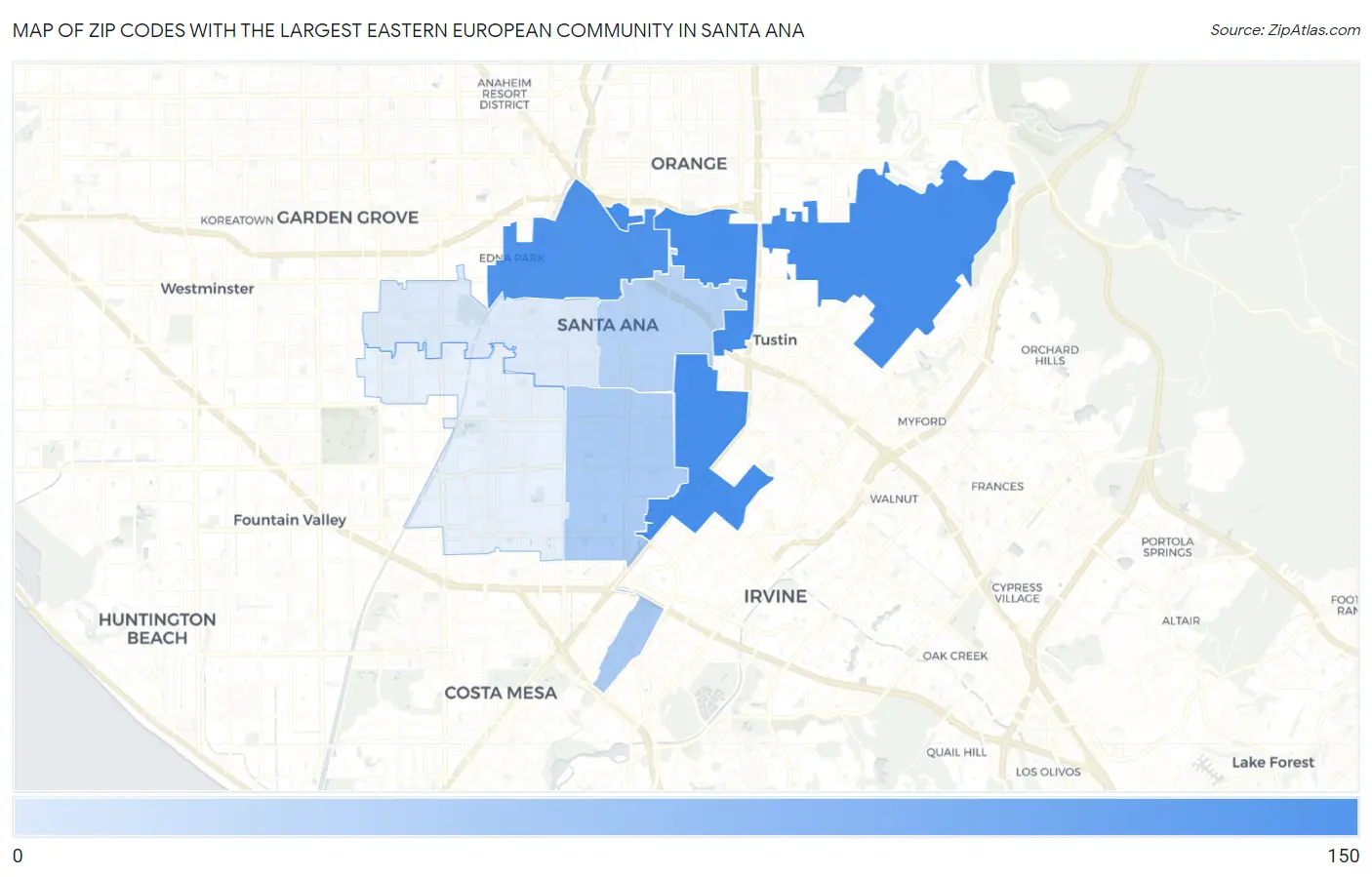 Zip Codes with the Largest Eastern European Community in Santa Ana Map