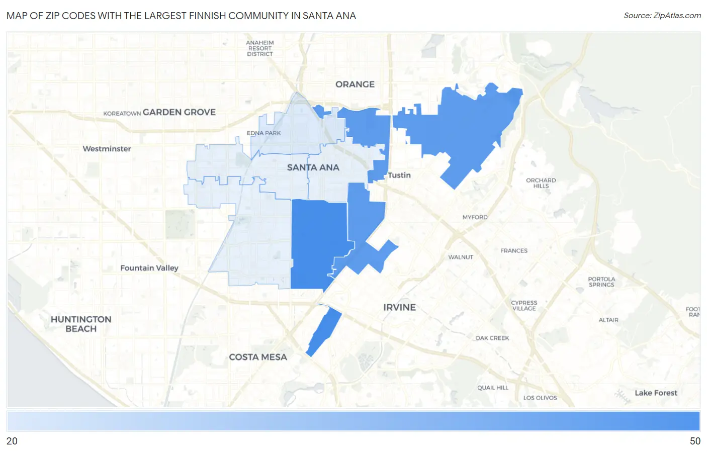 Zip Codes with the Largest Finnish Community in Santa Ana Map