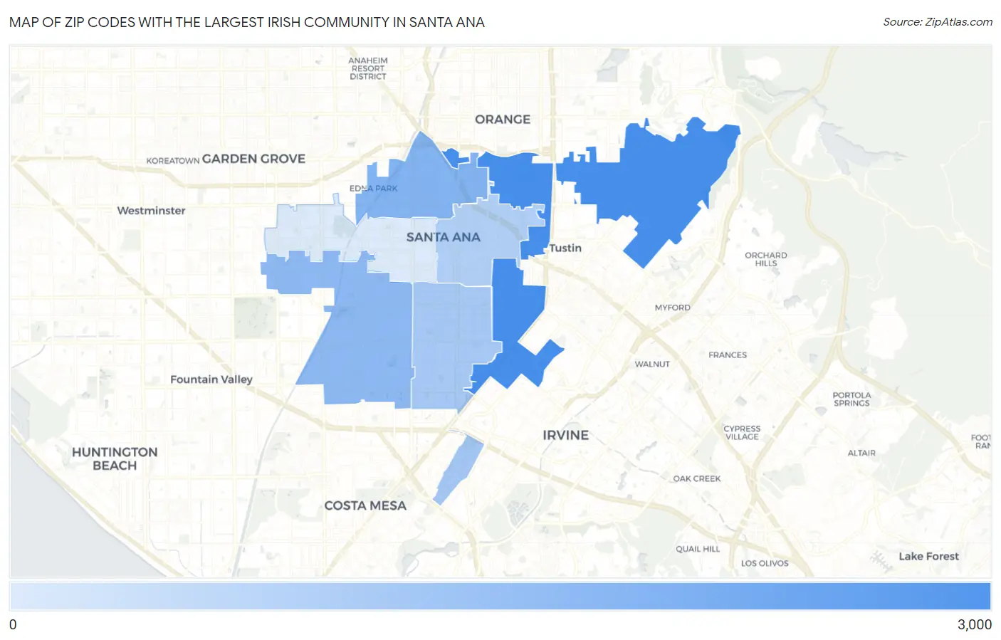 Zip Codes with the Largest Irish Community in Santa Ana Map