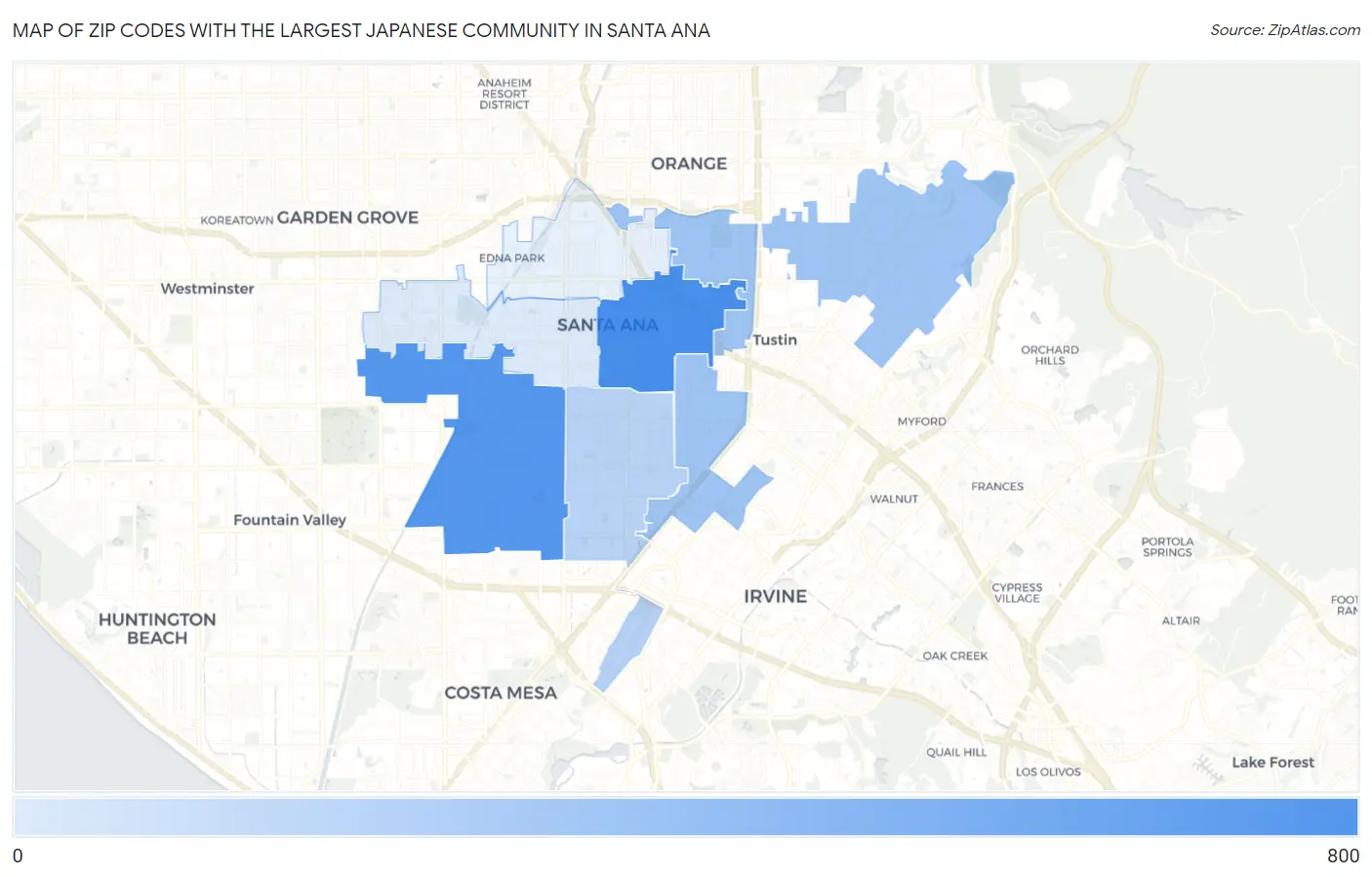 Zip Codes with the Largest Japanese Community in Santa Ana Map