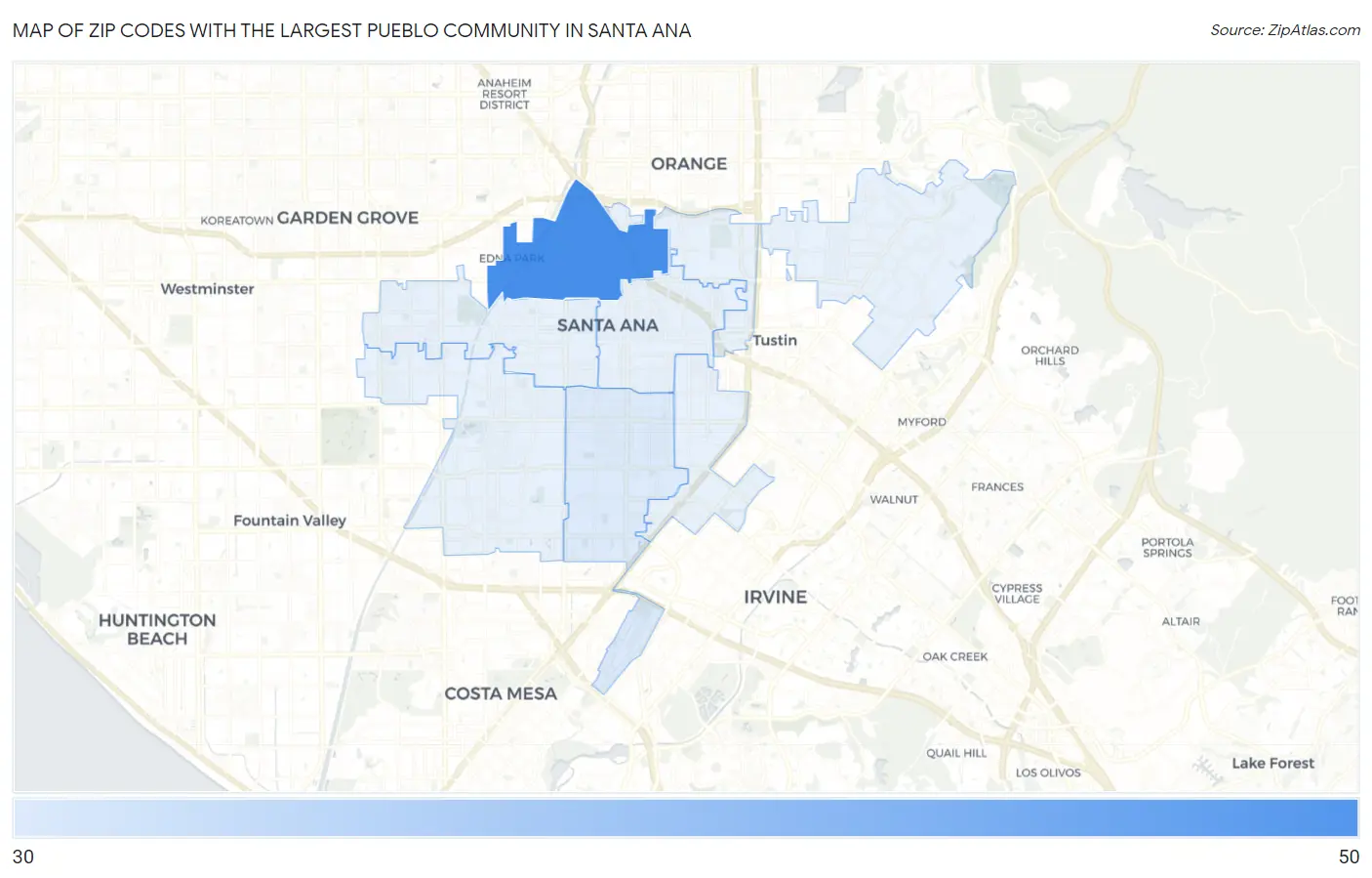 Zip Codes with the Largest Pueblo Community in Santa Ana Map
