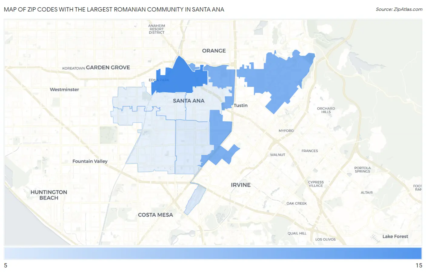 Zip Codes with the Largest Romanian Community in Santa Ana Map