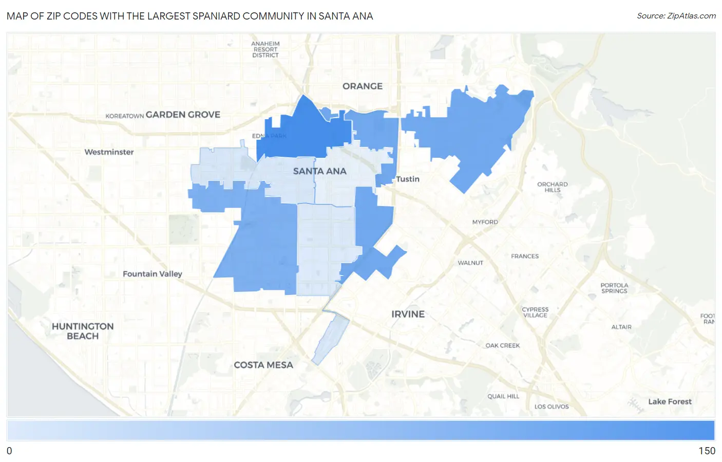 Zip Codes with the Largest Spaniard Community in Santa Ana Map