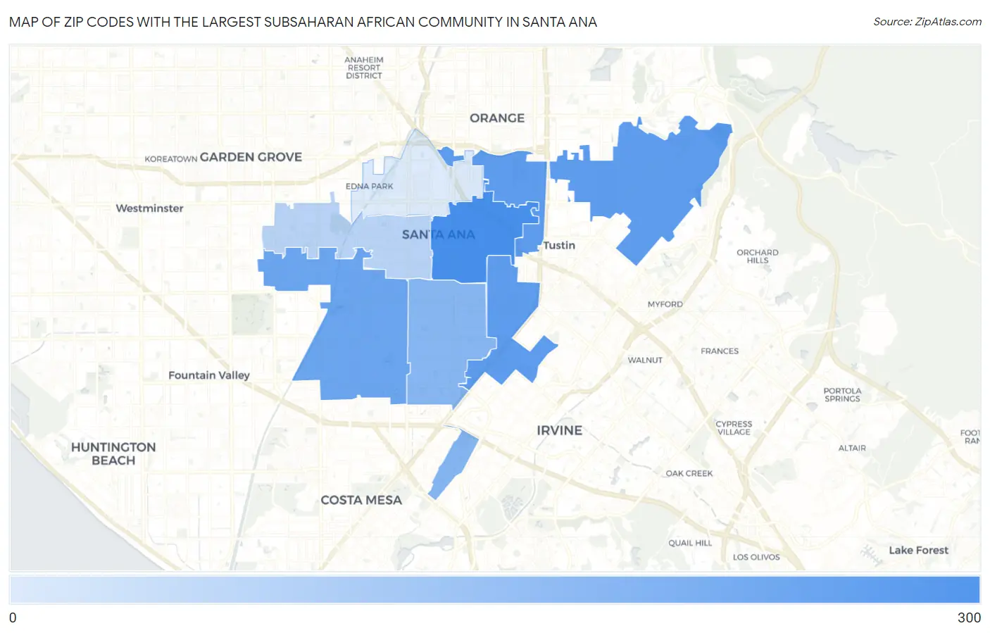 Zip Codes with the Largest Subsaharan African Community in Santa Ana Map