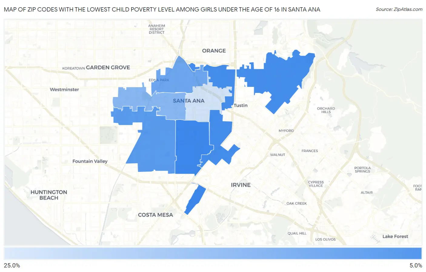 Zip Codes with the Lowest Child Poverty Level Among Girls Under the Age of 16 in Santa Ana Map
