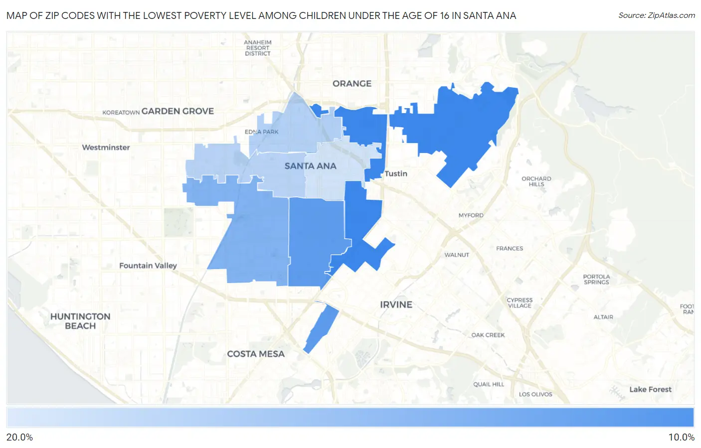 Zip Codes with the Lowest Poverty Level Among Children Under the Age of 16 in Santa Ana Map