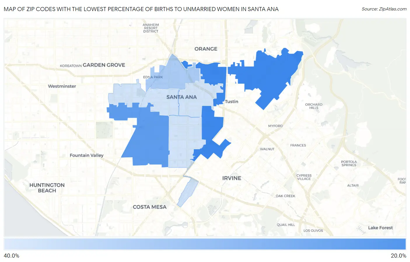 Zip Codes with the Lowest Percentage of Births to Unmarried Women in Santa Ana Map