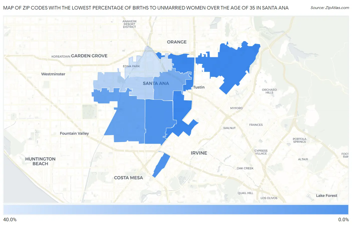 Zip Codes with the Lowest Percentage of Births to Unmarried Women over the Age of 35 in Santa Ana Map