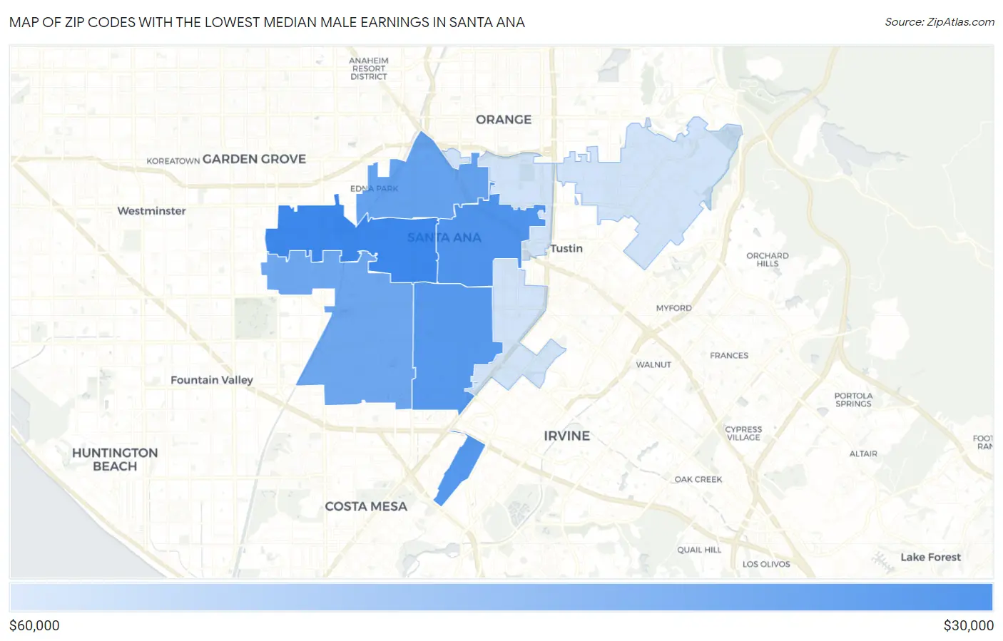 Zip Codes with the Lowest Median Male Earnings in Santa Ana Map