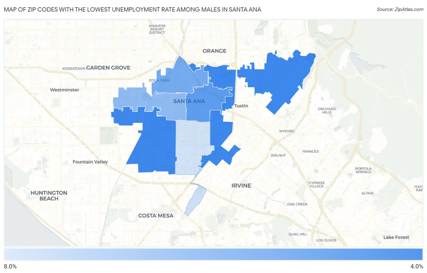 Zip Codes with the Lowest Unemployment Rate Among Males in Santa Ana Map