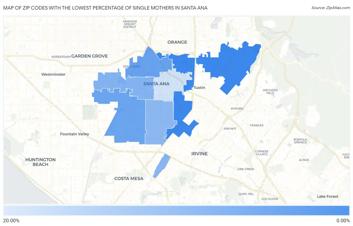 Zip Codes with the Lowest Percentage of Single Mothers in Santa Ana Map
