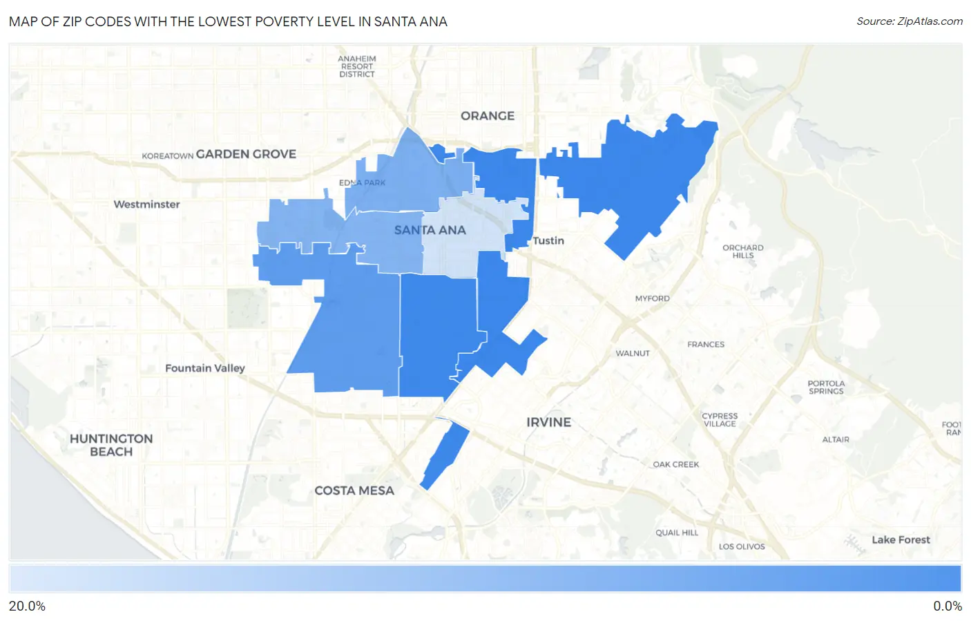 Zip Codes with the Lowest Poverty Level in Santa Ana Map