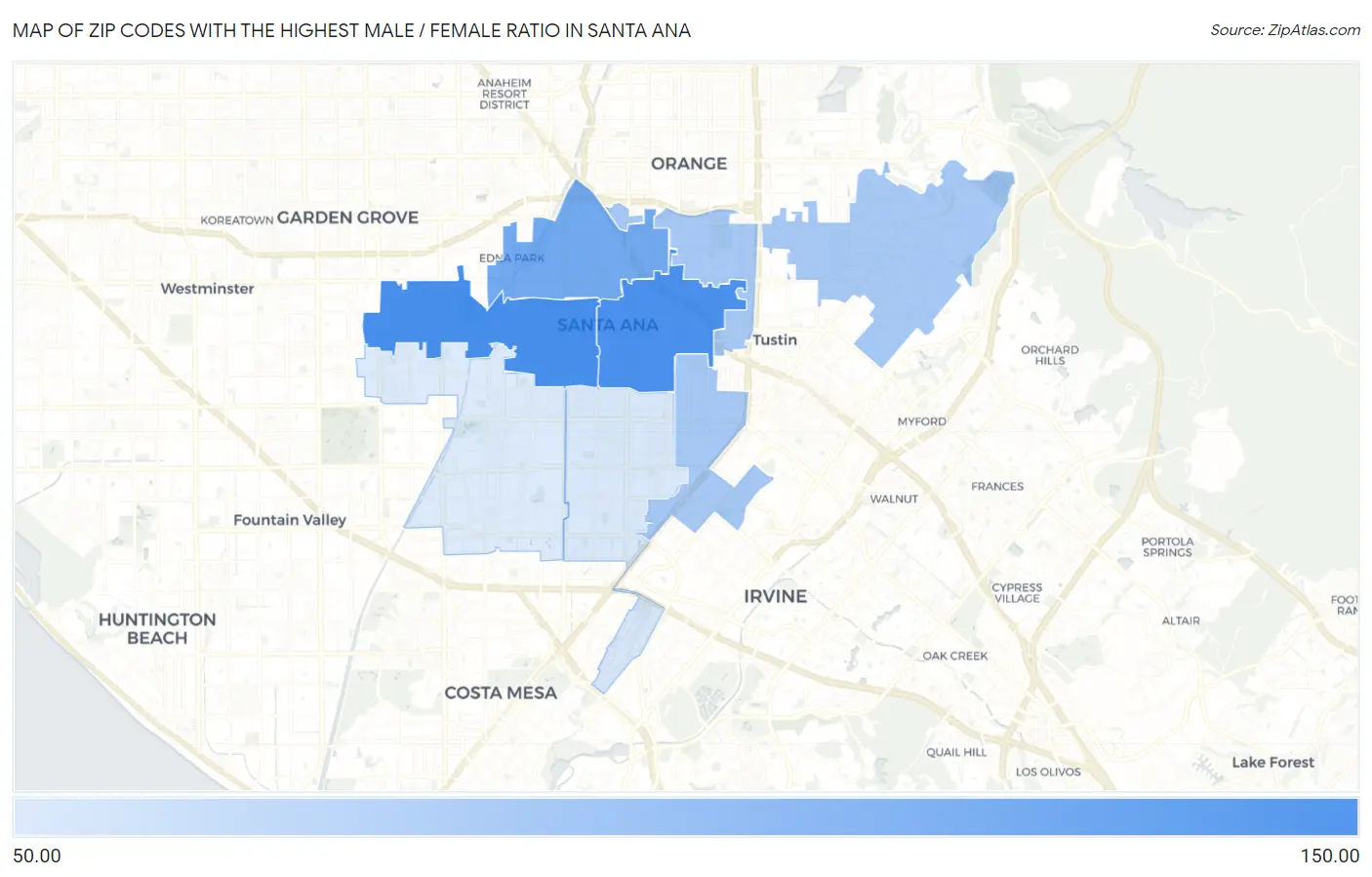 Zip Codes with the Highest Male / Female Ratio in Santa Ana Map