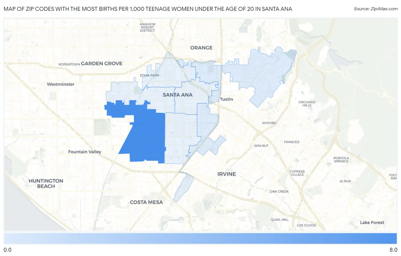 Zip Codes with the Most Births per 1,000 Teenage Women Under the Age of 20 in Santa Ana Map