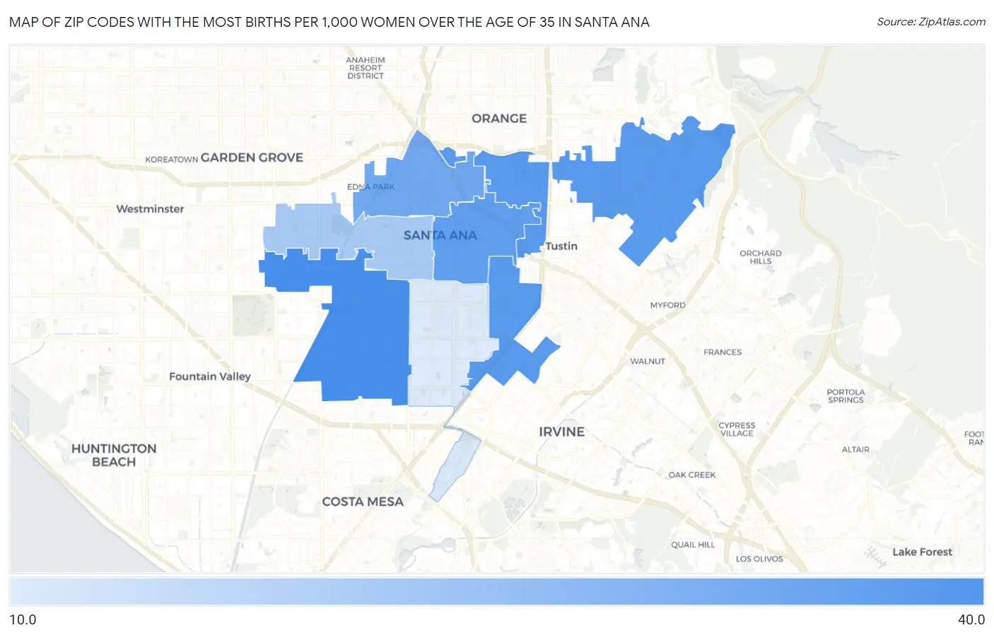 Zip Codes with the Most Births per 1,000 Women Over the Age of 35 in Santa Ana Map