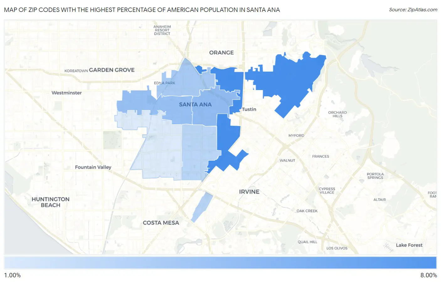 Zip Codes with the Highest Percentage of American Population in Santa Ana Map