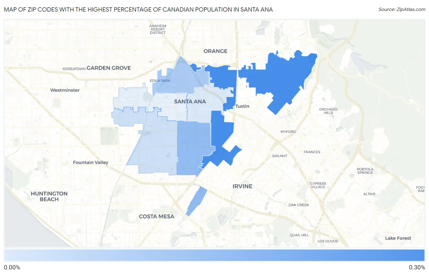 Zip Codes with the Highest Percentage of Canadian Population in Santa Ana Map