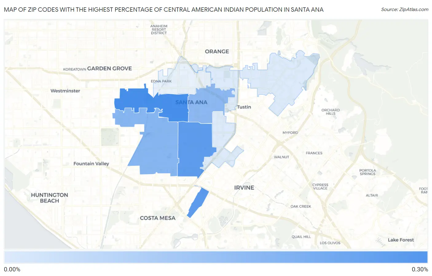 Zip Codes with the Highest Percentage of Central American Indian Population in Santa Ana Map