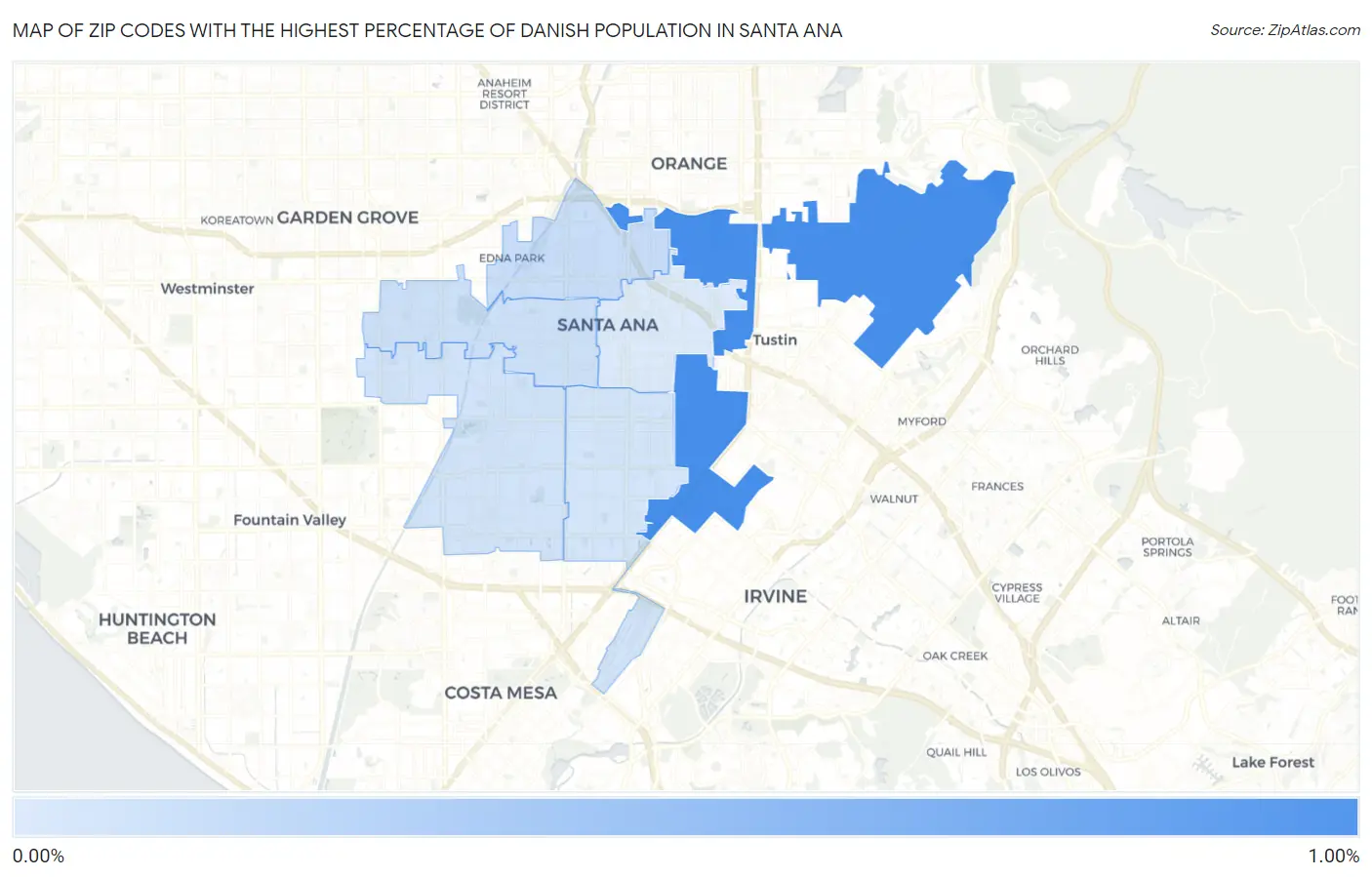 Zip Codes with the Highest Percentage of Danish Population in Santa Ana Map