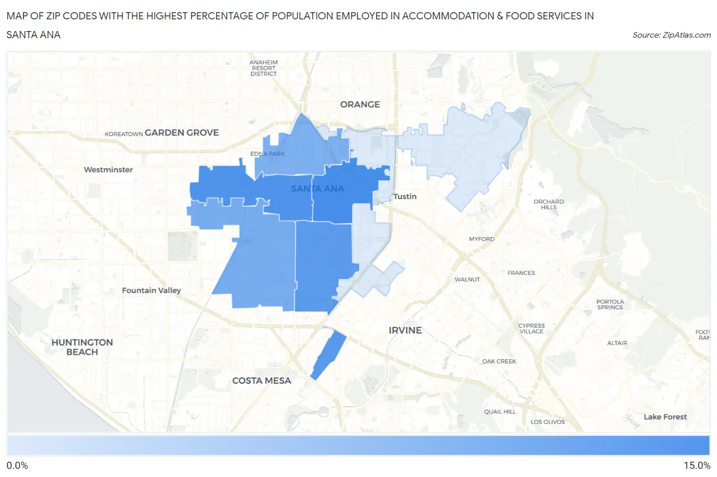 Zip Codes with the Highest Percentage of Population Employed in Accommodation & Food Services in Santa Ana Map