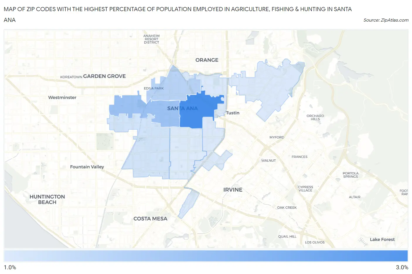 Zip Codes with the Highest Percentage of Population Employed in Agriculture, Fishing & Hunting in Santa Ana Map