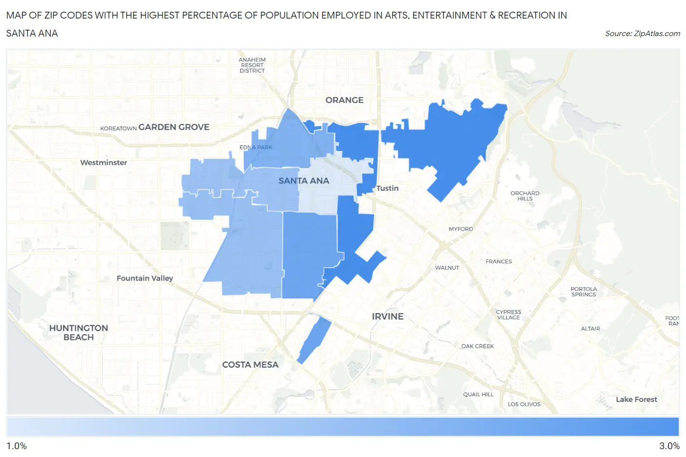 Zip Codes with the Highest Percentage of Population Employed in Arts, Entertainment & Recreation in Santa Ana Map