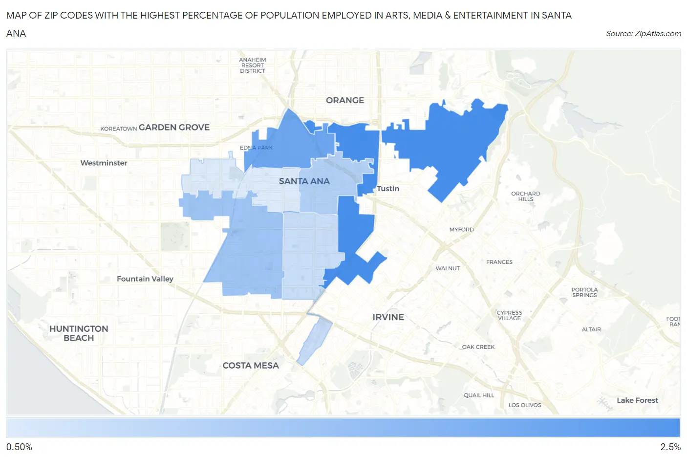 Zip Codes with the Highest Percentage of Population Employed in Arts, Media & Entertainment in Santa Ana Map