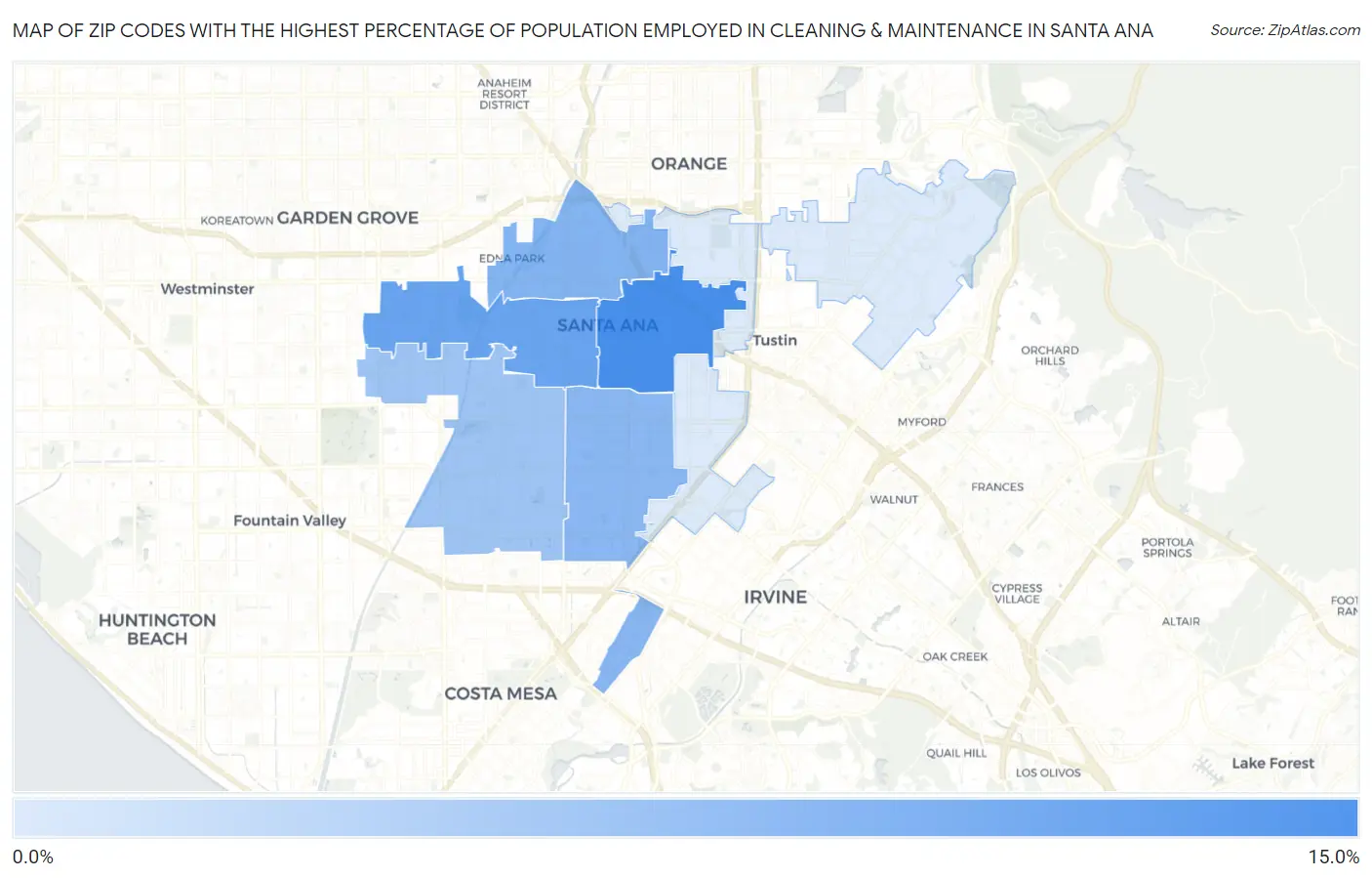 Zip Codes with the Highest Percentage of Population Employed in Cleaning & Maintenance in Santa Ana Map