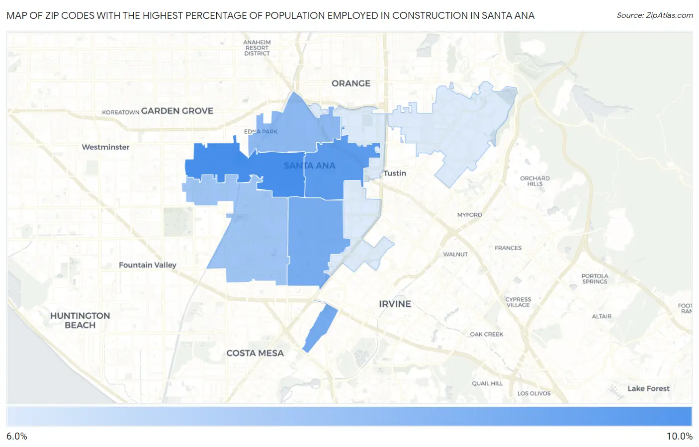 Zip Codes with the Highest Percentage of Population Employed in Construction in Santa Ana Map